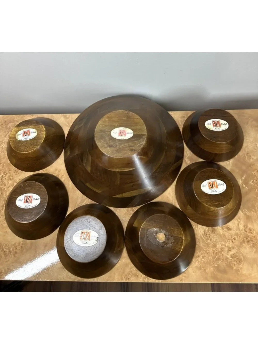 Vintage Vermillion Real Walnut 7 Pc Salad Bowl Set MCM Springfield Missouri